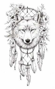 a drawing of a wolf with flowers and feathers on it's head, in black and white