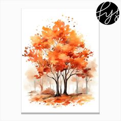 a watercolor painting of trees with orange leaves