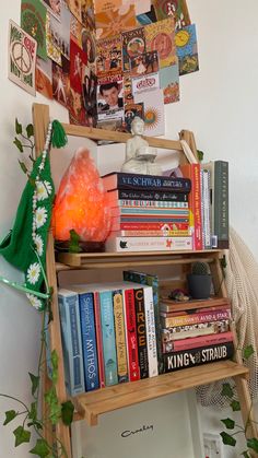 a bookshelf filled with lots of books next to a plant