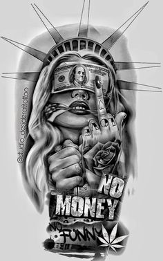 a black and white drawing of the statue of liberty with money on it's forehead