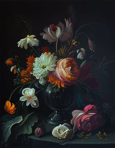 a painting of flowers in a vase on a table with other items around the frame