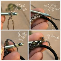 four pictures showing how to make an ornament ring with wire and metal beads