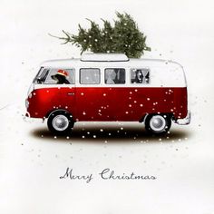 a red and white van with a christmas tree on the roof that says season's greetings