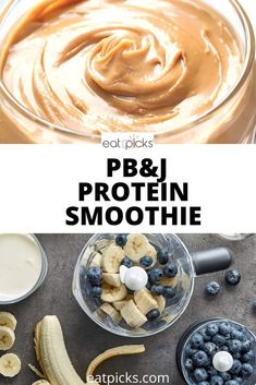 the ingredients to make peanut butter and protein smoothie are shown in bowls, including bananas