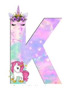 the letter k is decorated with a unicorn and a pink pony