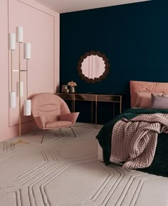 a bedroom with pink and blue walls, gold accents and an upholstered bed