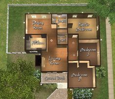 an aerial view of a house with three bedroom and two bathroom areas in the middle