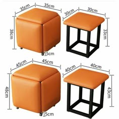 three stools are shown with measurements for each seat and the height is approximately square