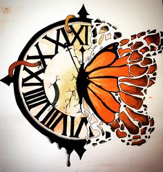 a drawing of a clock with an orange butterfly on it's face and hands