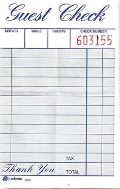 a blue and white check card with the words guest written in red ink on it