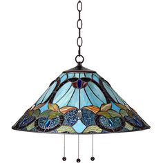 a stained glass lamp hanging from a chain on a white background with the light blue shade