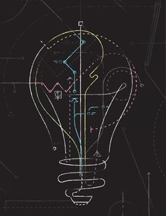 a drawing of a light bulb on a black background with lines and dots around it