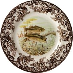 Spode Woodland Plate, Fosh Motif, Microwave Safe, Dishwasher Safe, Made of Earthenware - New The Spode Woodland Plate features a stunning King Salmon design. Spode Woodland, Pacific Salmon, American Wildlife, North American Wildlife, Hunting Cabin, British Flowers, Fish Motif, Fish Dinner, Salad Plate