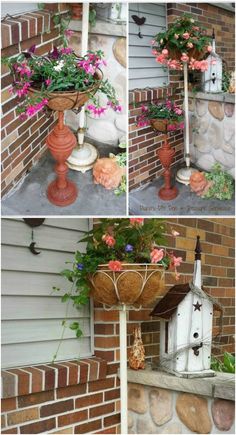 four different pictures of flowers in vases on the side of a house