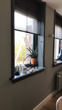 a room with two windows and a potted plant on the window sill next to it