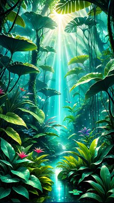 an image of a jungle scene with sunlight coming through the trees and plants on the ground