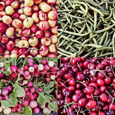 many different types of fruits and vegetables are stacked on top of each other, including cherries