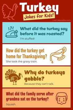 four different types of turkeys with the words turkey jokes for kids on top of them