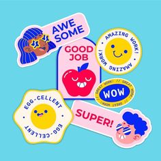 some stickers that say good job, wow and smile with an egg in the middle