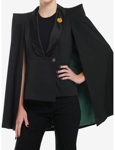 Her Universe Fitted Cape Outerwear For Costume Party, Fitted Cape For Costume Party, Black Costume Blazer For Fall, Black Blazer For Fall Costume Events, Black Blazer For Fall Costume Party, Black Blazer For Fall Costume, Elegant Black Cape Outerwear, Black Cape For Formal Occasions, Black Formal Cape Outerwear