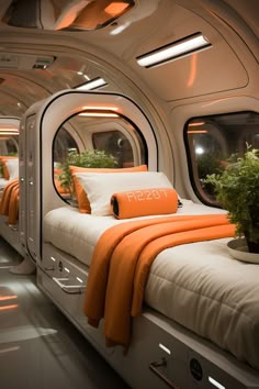 the interior of an airplane with twin beds and plants in each bed, as well as round windows