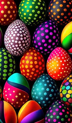 many different colored eggs with dots all over them and the colors are multicolored