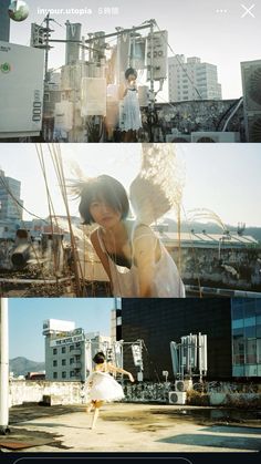 three different shots of a woman in white shirt and black hat with buildings in the background