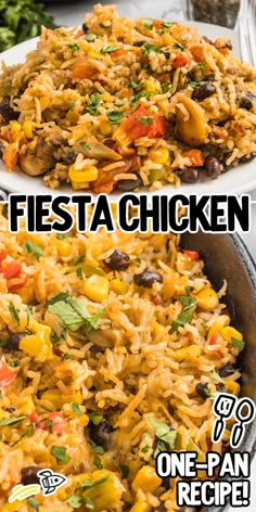 two plates filled with rice and vegetables on top of each other, next to the words fiesta chicken