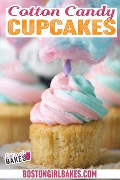 some cupcakes with pink, blue and green frosting on top are shown