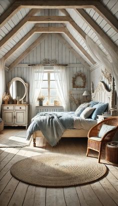 an attic bedroom with white walls and wood flooring is furnished with wicker furniture