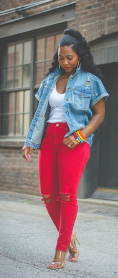 Jeans Fall Outfit, Sweenee Style, Red Denim Jacket, Style Denim Jacket, Outfit Ideas Summer, Red Denim, Simple Summer