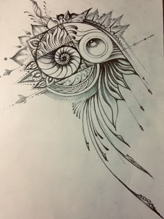 a drawing of an eye with feathers on it