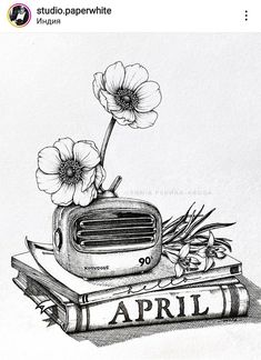 a drawing of an old toaster with flowers on top of it and the words april written below