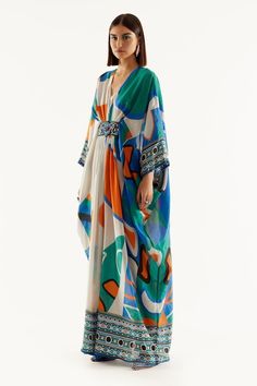 Buy Multi Color Silk Printed Geometric V Neck Imama Kaftan For Women by Rajdeep Ranawat Online at Aza Fashions. Rajdeep Ranawat, Placement Embroidery, Kaftan For Women, Printed Kaftan, Kaftan Designs, Turtle Dove, Apron Dress, Fabric Silk, Festival Wear