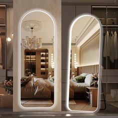 two mirrors that have lights on them in the middle of a room with a bed