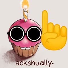 a pink cupcake with sunglasses and a peace sign