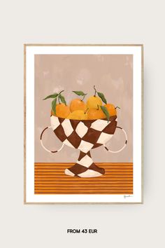 a painting with oranges in a checkered bowl on top of a wooden table