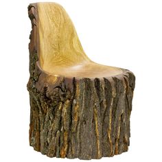 a wooden chair made out of wood with a tree stump seat on it's side