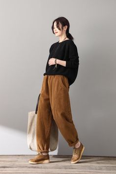 Winter Slcks Wide Leg PantsRetro Thicken Corduroy Pantswomen | Etsy Autumn Outfits Ideas For Women, Brown Cotton Pants Outfit, Brown Loose Pants Outfit, Comfortable Pants For Women, Natural Color Outfits, How To Style Corduroy Pants, Courdory Pants Outfits, Brown Corduroy Pants Outfit, Women Loose Pants