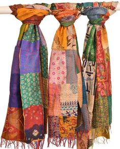 "Wholesale Assorted Indian Silk Kantha Patchwork Scarf Handmade Fine Silk Kantha Work Scarves Women's Fashionable All Season Scarf, Scarves -  SIZE:  Apprx - 18X72\" Fabric: 100% Silk Work: Hand Kantha Embroidery Size: Length: 72, Width: 18 Inches (182.88 X 45.72 CM) Beautiful assorted colors will be sent.Hand Knitted, Reversible, All Season, Unisex, Light Weight, Easy to care Wash Care: Dry Clean. (Buyers are responsible for any customs/vat/taxes)" Kantha Silk, Silk Patchwork, Bohemian Scarves, Patchwork Scarf, Embroidered Scarf, Boho Scarfs, Reversible Scarf, Scarf Handmade, Stole Scarf