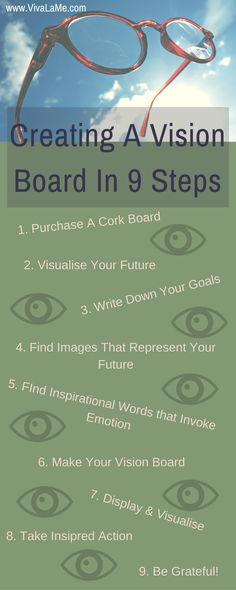 a poster with the words creating vision board in 9 steps, including eye glasses and text