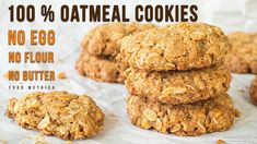 three oatmeal cookies stacked on top of each other with the words, 100 % oatmeal cookies