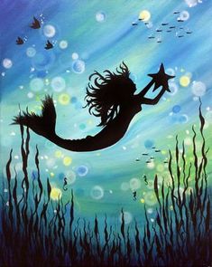 a painting of a mermaid holding a starfish in the water with bubbles and grass