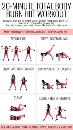 the 20 - minute total body burn workout for women is shown in this graphic diagram