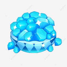 a bowl filled with blue ice cubes on top of a white surface, cartoon style