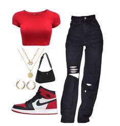 Outfits Red Jordans, Cute Outfits With Red Jordans, Outfits To Go With Red Jordans, Outfits That Go With Jordan 1’s, Cute Jordan 1 Outfits, Outfits Ideas Black Jeans, Outfits For Red And Black Jordans, Outfit Ideas For School Jordans, Jordan Black And Red Outfit