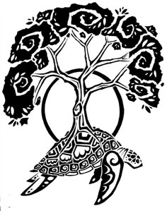 a black and white drawing of a tree with flowers