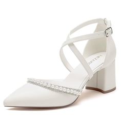 a woman's white high heeled shoe with straps and jewel embellishment