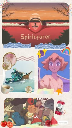 an image of some cartoon characters in different colors and sizes, with the words spiritfarer above them