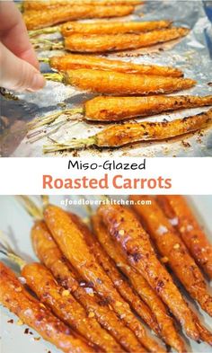 roasted carrots in tin foil on a white plate with hand reaching for one side